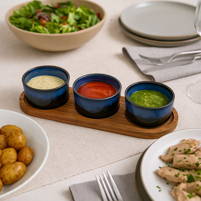 Taca na przekąski z miseczkami z kamionki, 29 x 10 cm