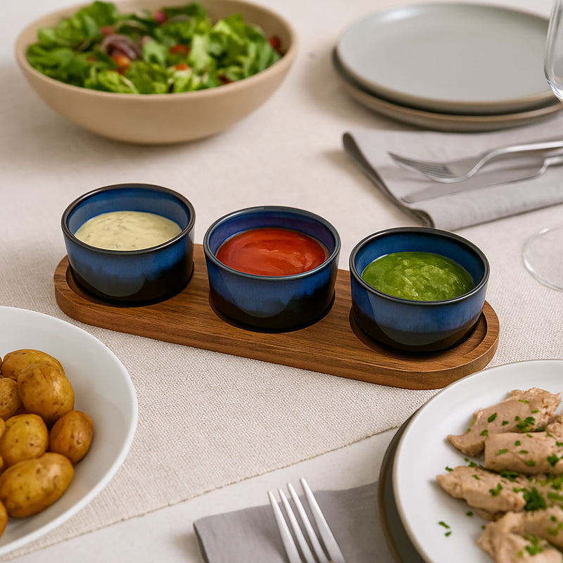 Taca na przekąski z miseczkami z kamionki, 29 x 10 cm