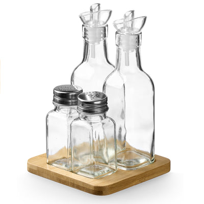 Zestaw do przypraw i oleju z drewnianą podstawą, 4 elementy