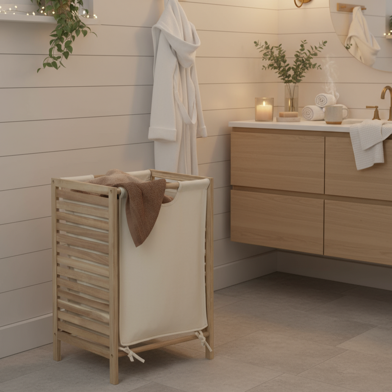 Kosz na pranie ze stelażem z drewna akacjowego ACINA, 48 l, WENKO