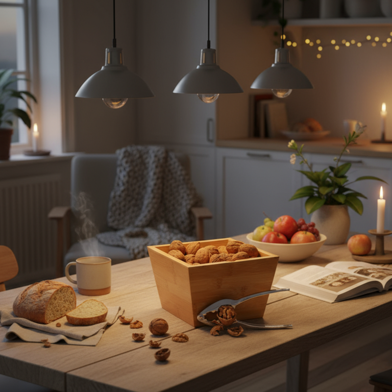 Metalowy dziadek do orzechów z bambusową miską