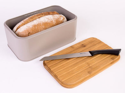 Metalowy chlebak z bambusową deską do krojenia, szary, 2w1, ZELLER