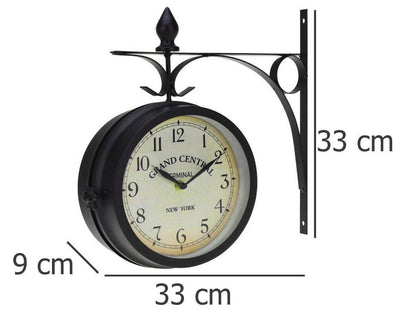 Metalowy zegar, dwustronny, naścienny z uchwytem, 33x9x33 cm