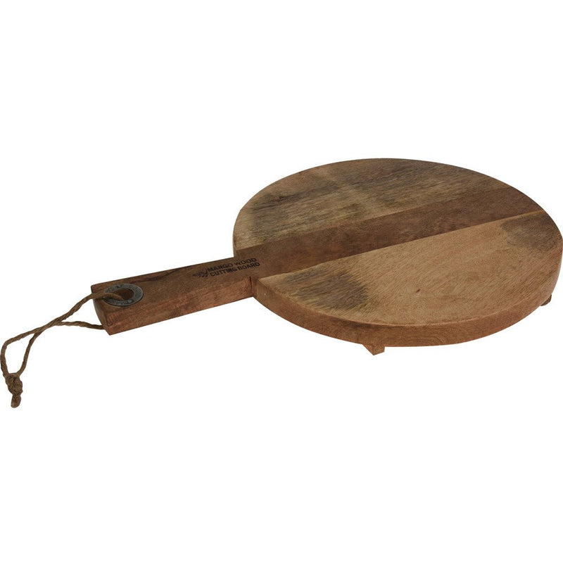 Drewniana deska do krojenia - kuchenna, okrągła z rączką i nóżkami, drewno mango
