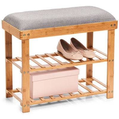 Szafka z bambusa na buty, siedzisko z regałami, drewniany stołek do przedpokoju.