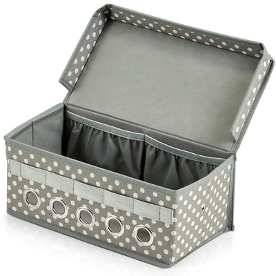 Pudełko do przechowywania akcesoriów prezentowych, pojemnik posiadający doki na wstążki ozdobne, organizer dekoracji upominkowych.