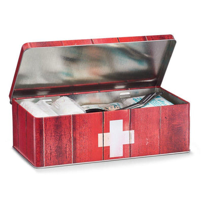 Czerwona metalowa apteczka, znak krzyża, napis First Aid, zamykana na wieczko, domowa, przechowywanie lekarstw, Zeller