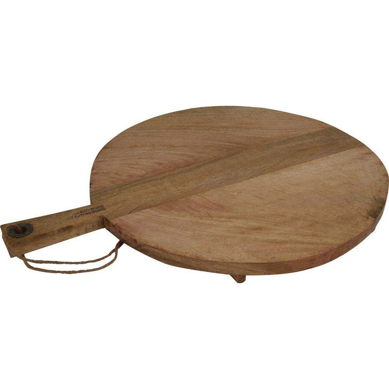 Drewniana deska do krojenia i serwowania posiłków - kuchenna, okrągła z rączką i nóżkami, 58 x 46 cm