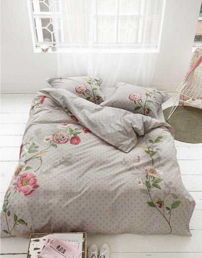 Bawełniany komplet pościeli, ozdobne poszewki na poduszkę i kołdrę, 100% płótno bawełniane - kolor khaki, kwiaty, PiP Studio - EMAKO