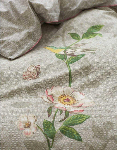 Bawełniany komplet pościeli, ozdobne poszewki na poduszkę i kołdrę, 100% płótno bawełniane - kolor khaki, kwiaty, PiP Studio - EMAKO