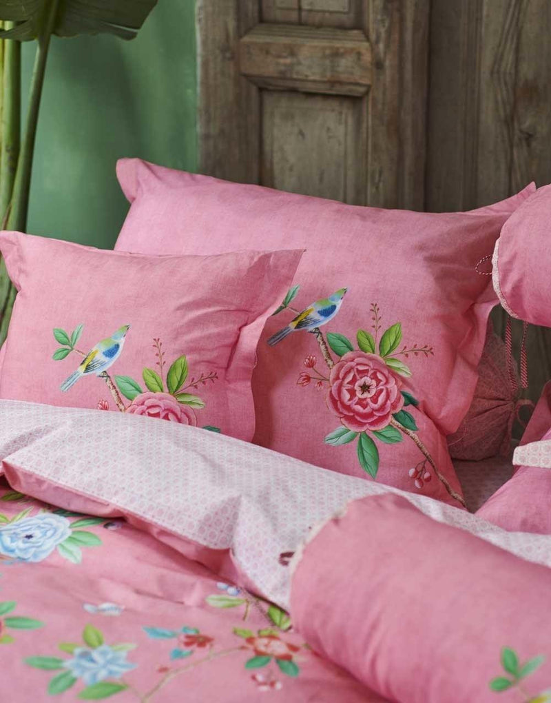 Komplet pościeli bawełnianej dla 1 osoby, zestaw dekoracyjnych poszewek, 100% płótno bawełniane - kolor różowy, kwiaty, PiP Studio