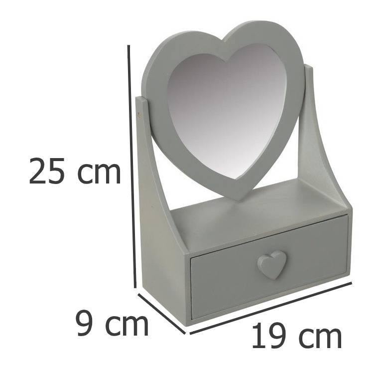 Drewniana szkatułka na biżuterię z lustrem, serce - kolor szary