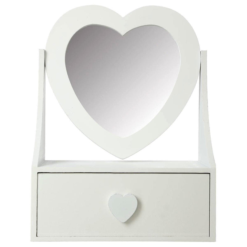 Drewniana szkatułka na biżuterię z lustrem, serce, kolor biały
