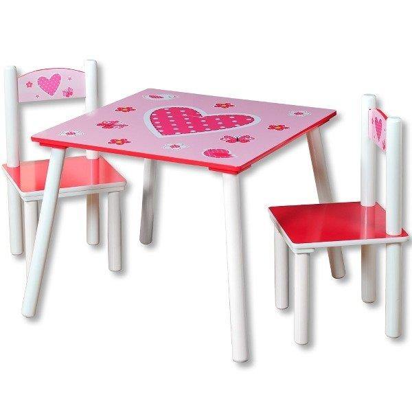 Stolik z 2 krzesłami dla dziewczynki w kolorze różowym z motywem serca, Kesper