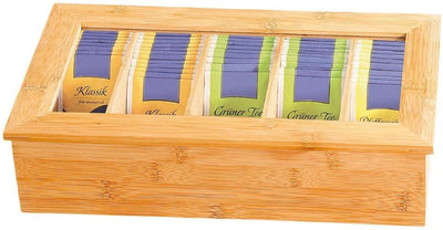 Herbaciarka bambusowa, szkatułka na herbatę z pokrywą, 5 przegródek