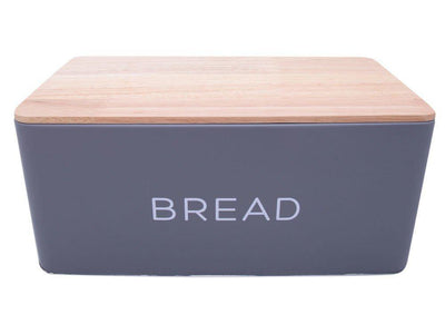 Metalowy chlebak BALTIK z drewnianą deską do krojenia, 2w1 - kolor szary