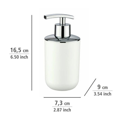 Dozownik do mydła w płynie, biały pojemnik z chromowaną pompką
