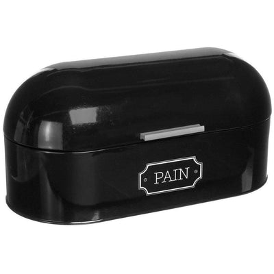 Chlebak z metalu z napisem PAIN, czarny i wytrzymały pojemnik na pieczywo, higieniczny oraz łatwy w czyszczeniu.