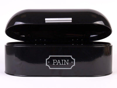 Chlebak z metalu z napisem PAIN, czarny i wytrzymały pojemnik na pieczywo, higieniczny oraz łatwy w czyszczeniu.