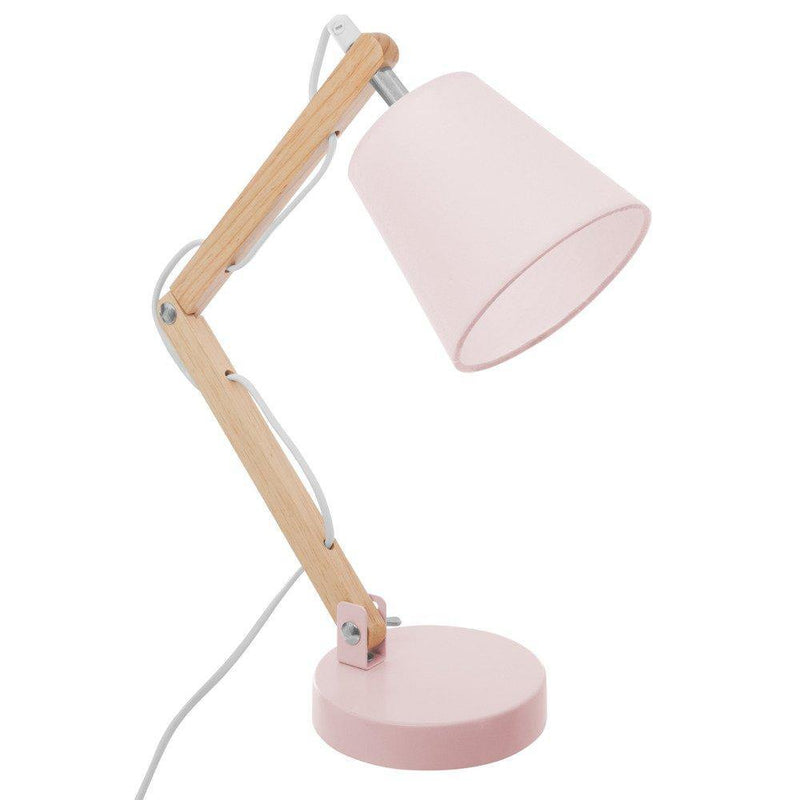 Lampka stojąca na biuro, posiadająca drewnianą nóżkę, różowy klosz na żarówkę.