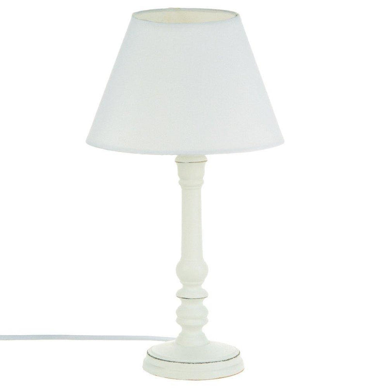 Lampa stojąca w stylu vintage z drewnianą podstawką, idealna na stolik nocny lub biurko
