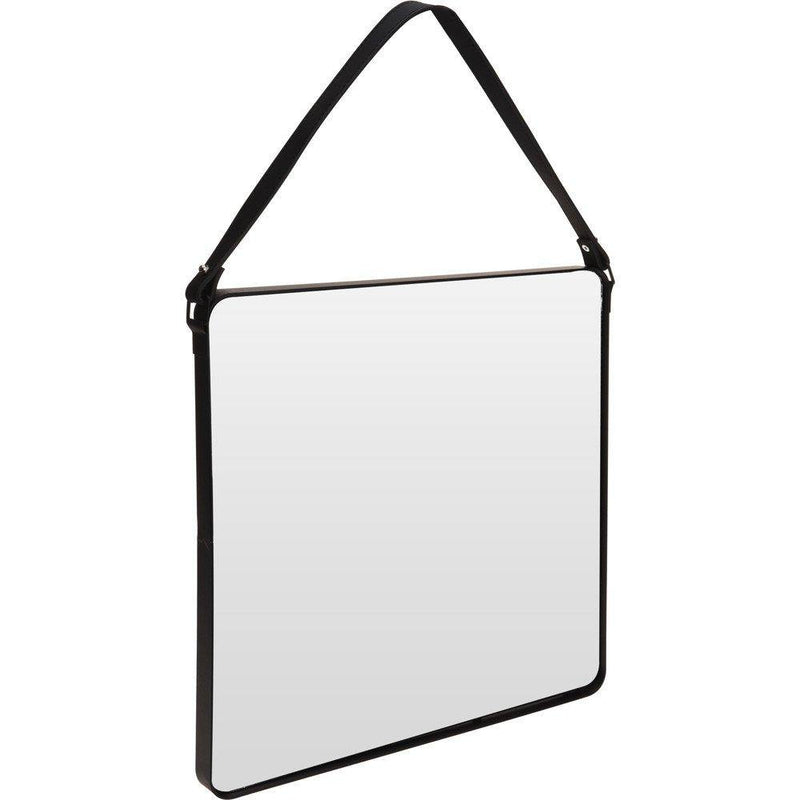 Lustro ścienne w metalowej ramie, kwadratowe lustro na skórzanym pasku - 40 cm