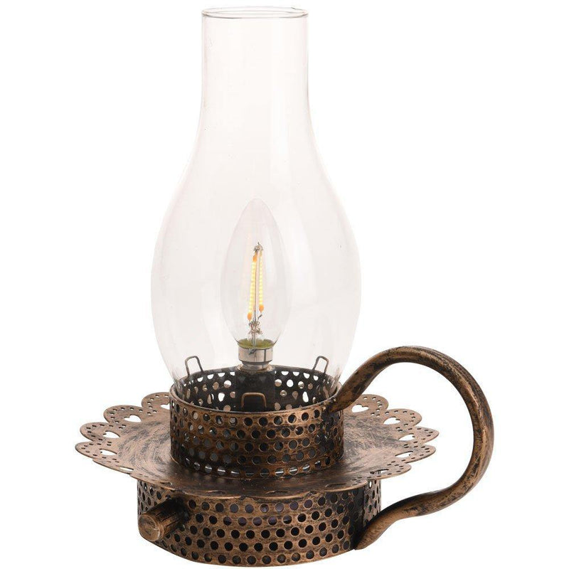 Lampion LED metalowy, stylizowany na lampę naftową, stojąca latarenka dekoracyjna.