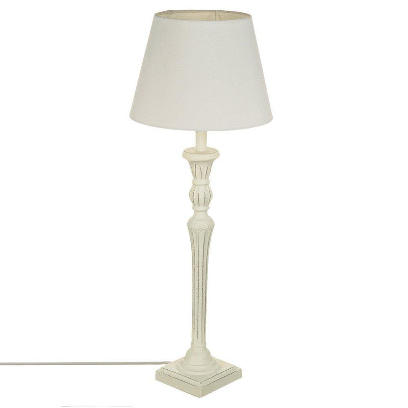 Lampa z abażurem biała, drewniana, do sypialni lub do salonu.