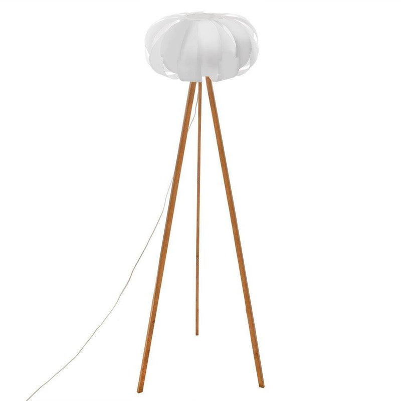 Lampa trójnóg z drewna bambusowego i papieru, nowoczesna, designerska ozdoba do salonu.