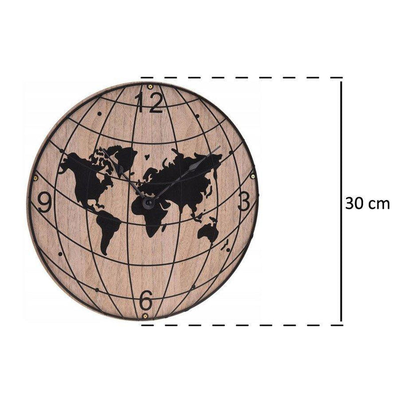 Zegar ścienny w kształcie kuli ziemskiej to nietypowa ozdoba wnętrza domu, Ø 30 cm
