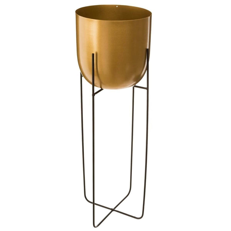 Zestaw składający się z dwóch doniczek w kolorze złotym umieszczonych na metalowym stojaku.