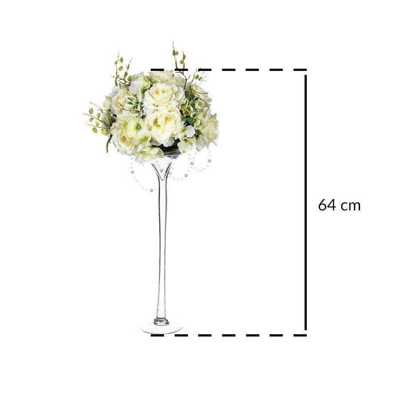 Kompozycja kwiatowa, biały bukiet na szklanej podstawie, 64 cm
