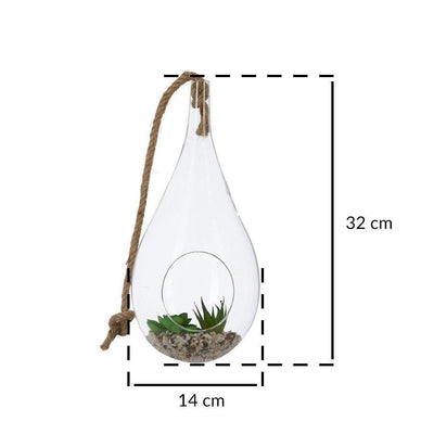 Dekoracja szklana ze sztuczną rośliną, wiszaca, 32 cm
