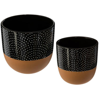 Okrągłe doniczki ceramiczne, 2 sztuki, kolor czarny z motywe kropek