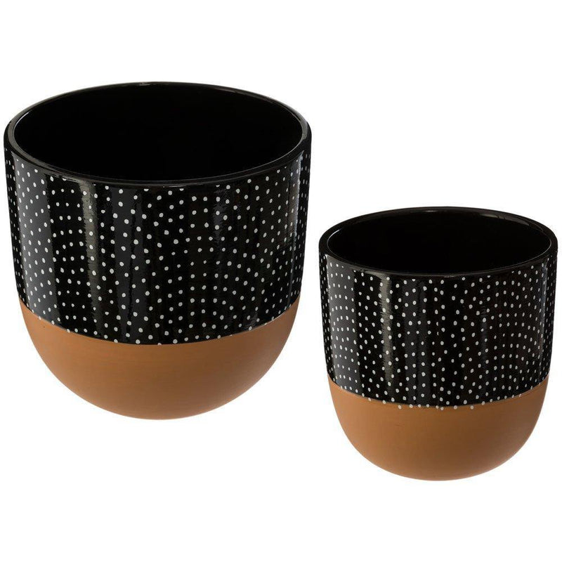 Okrągłe doniczki ceramiczne, 2 sztuki, kolor czarny z motywe kropek