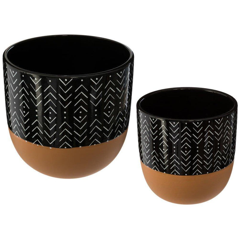 Okrągłe doniczki ceramiczne, 2 sztuki, kolor czarny z motywem jodełki