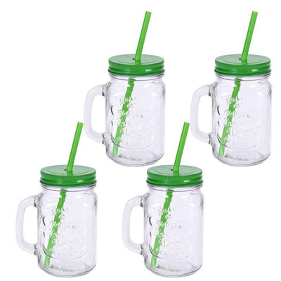 Słoiki do napojów ze słomką, 4 szklane kubki z uchwytem, szklanki, kolor zielony