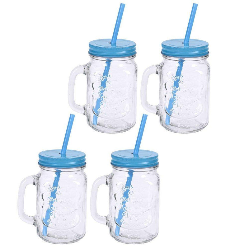 Słoiki do napojów ze słomką, 4 szklane kubki z uchwytem, szklanki, kolor niebieski
