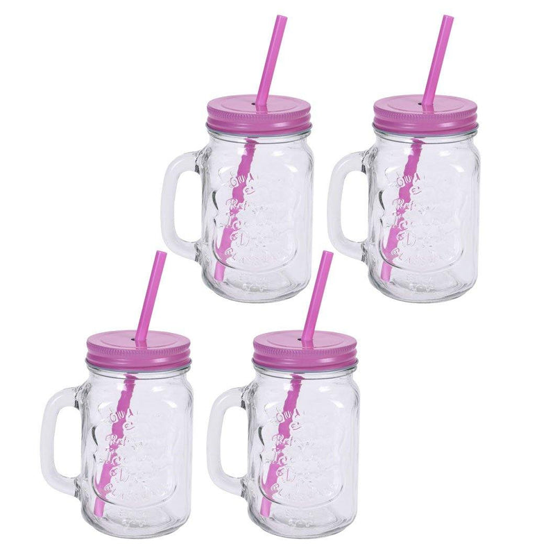 Słoiki do napojów ze słomką, 4 szklane kubki z uchwytem, szklanki, kolor różowy