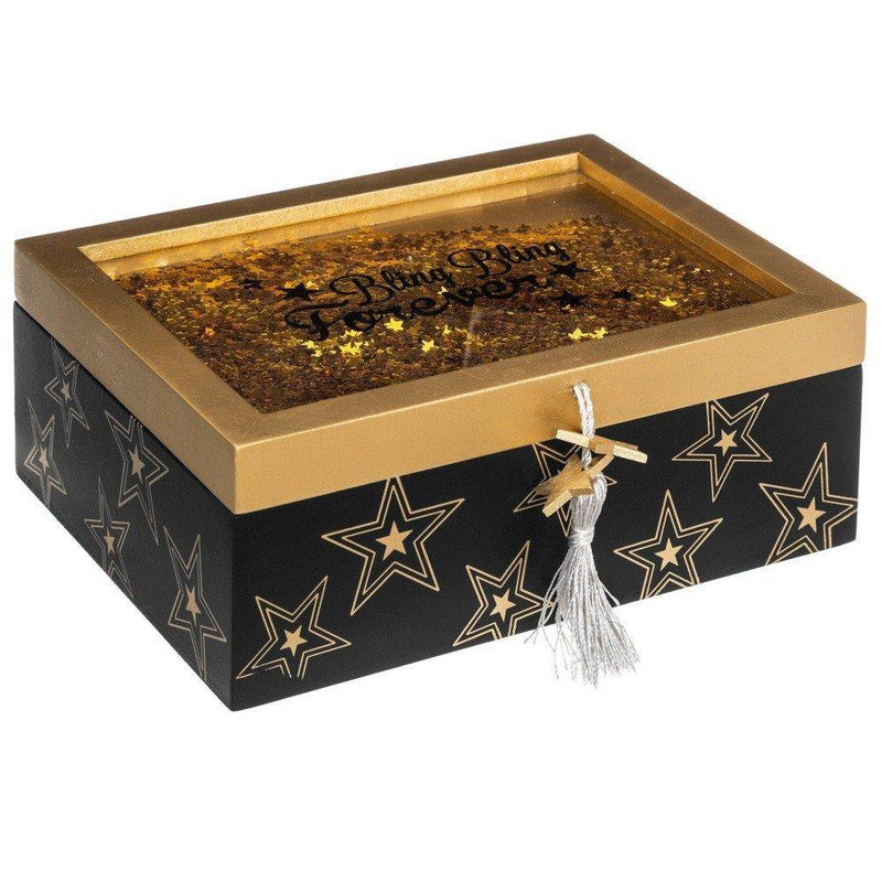 Szkatułka na biżuterię drewniana z cekinami, kolor czarny i złoty