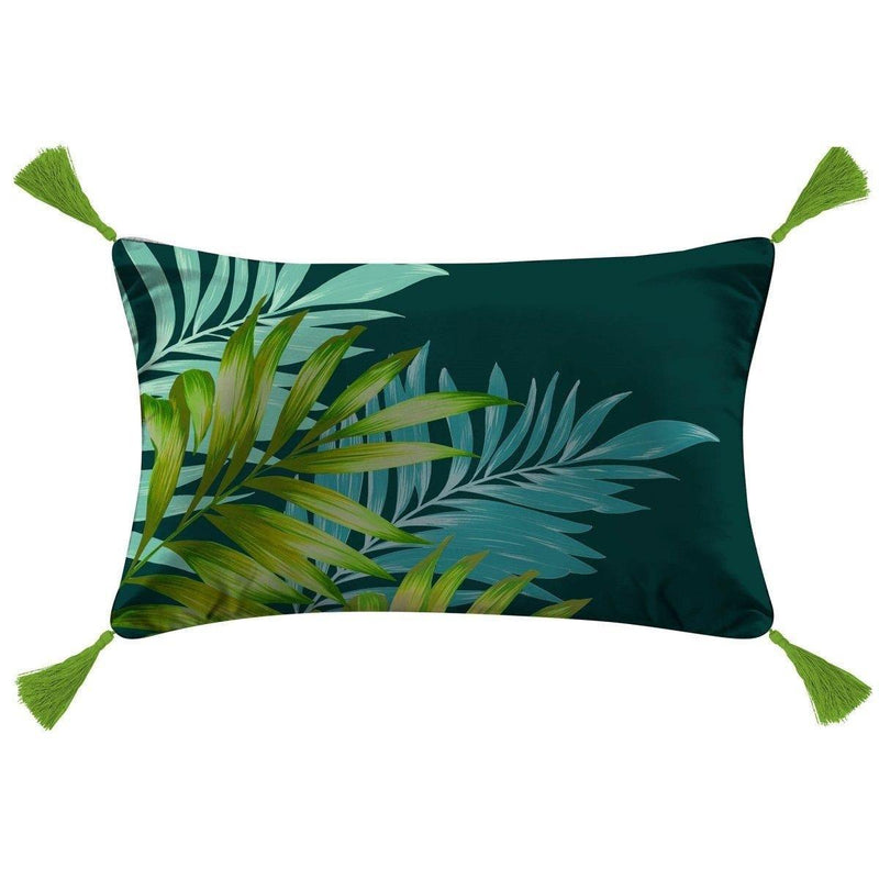Poduszka dekoracyjna z frędzlami VIANE, 30 x 50 cm, zielona z motywem liści palmy