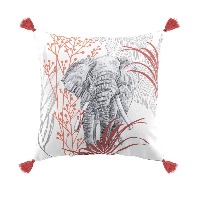 Poduszka dekoracyjna z frędzlami EVANEOS, 40 x 40 cm, biała z motywem słonia