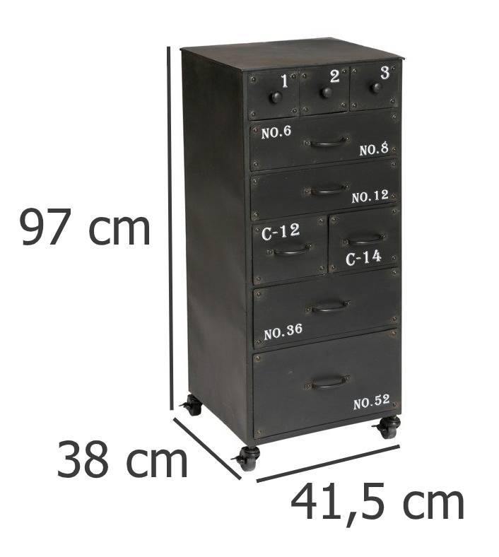 Komoda na kółkach, 9 szuflad, metalowa, 41,5 x 38 x 97 cm