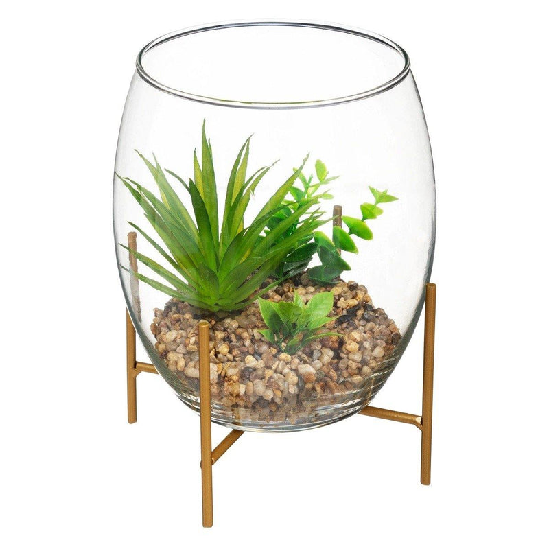 Sztuczne rośliny w szklanej kuli, 23,5 cm, na złotym stojaku