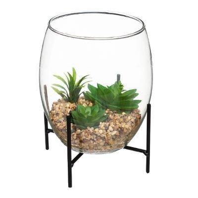 Sztuczne rośliny w szklanej kuli, 23,5 cm, na czarnym stojaku