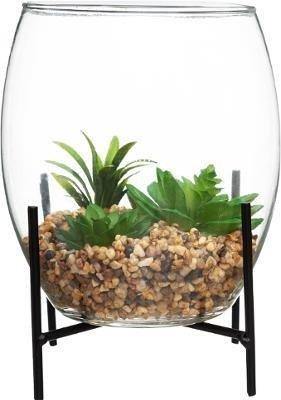 Sztuczne rośliny w szklanej kuli, 23,5 cm, na czarnym stojaku