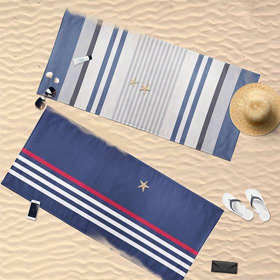 Ręcznik plażowy prostokątny, 90 x 170 cm, beżowy w kolorowe paski