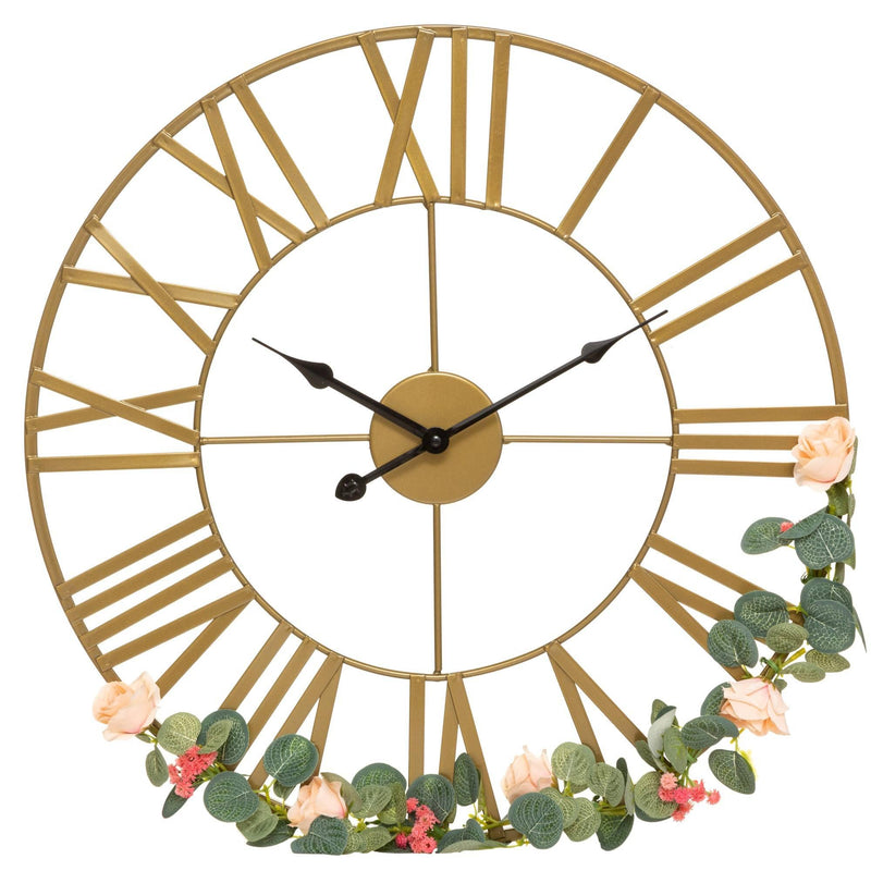 Zegar ścienny FLOWER, złoty z kwiatami, Ø 50 cm