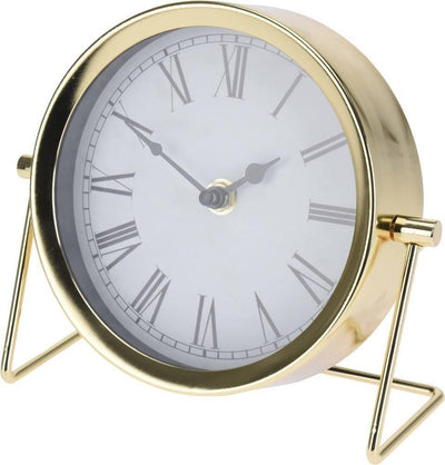 Zegar stołowy okrągły, na metalowej podstawie, złoty