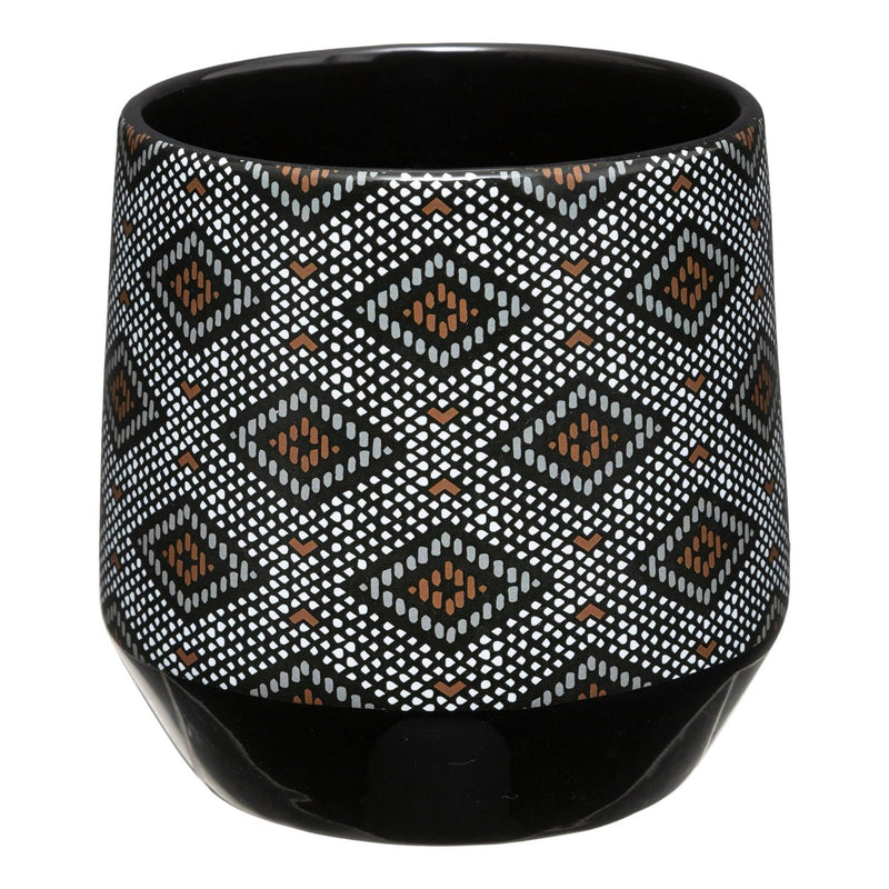 Doniczka ceramiczna, Ø 14 cm, czarna z etnicznym dekorem